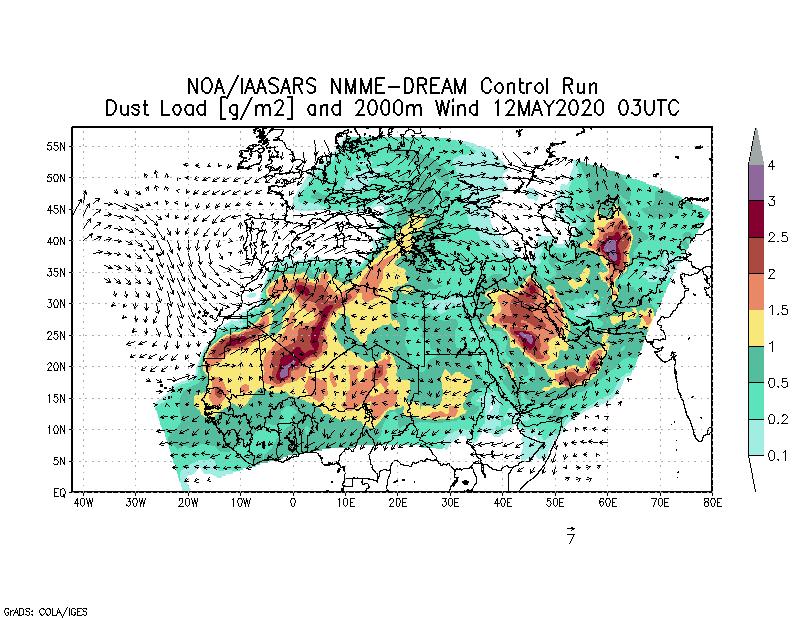 Dust load [g/m2] and 2000m Wind - 2020-05-12 03:00