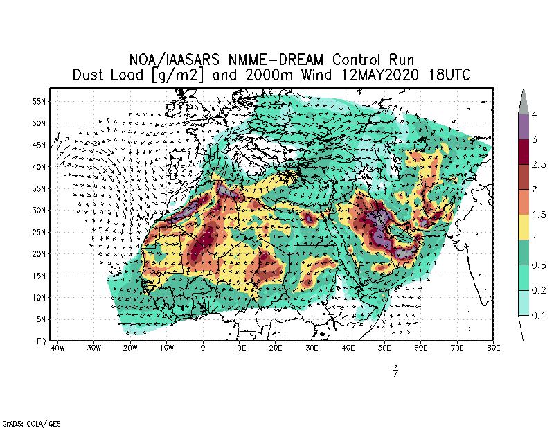 Dust load [g/m2] and 2000m Wind - 2020-05-12 18:00