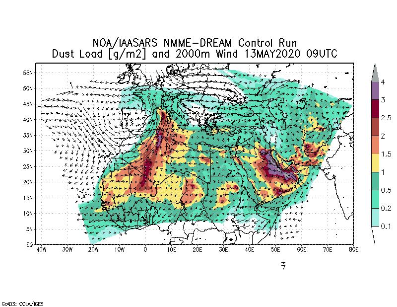 Dust load [g/m2] and 2000m Wind - 2020-05-13 09:00