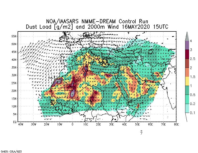 Dust load [g/m2] and 2000m Wind - 2020-05-16 15:00