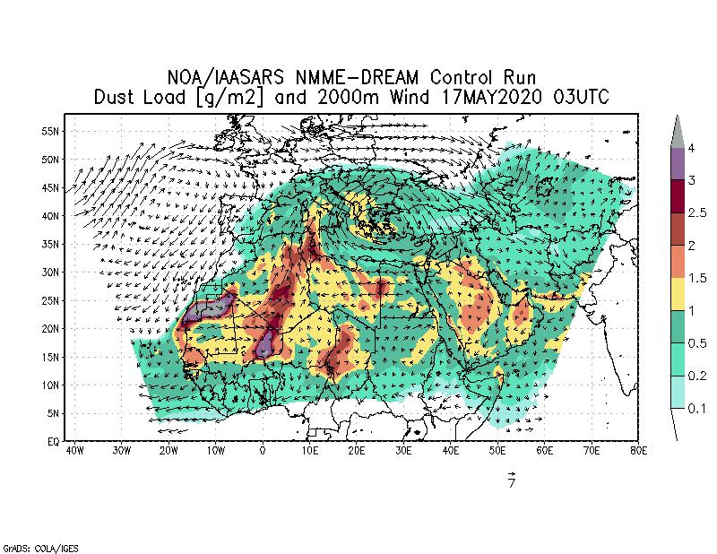 Dust load [g/m2] and 2000m Wind - 2020-05-17 03:00