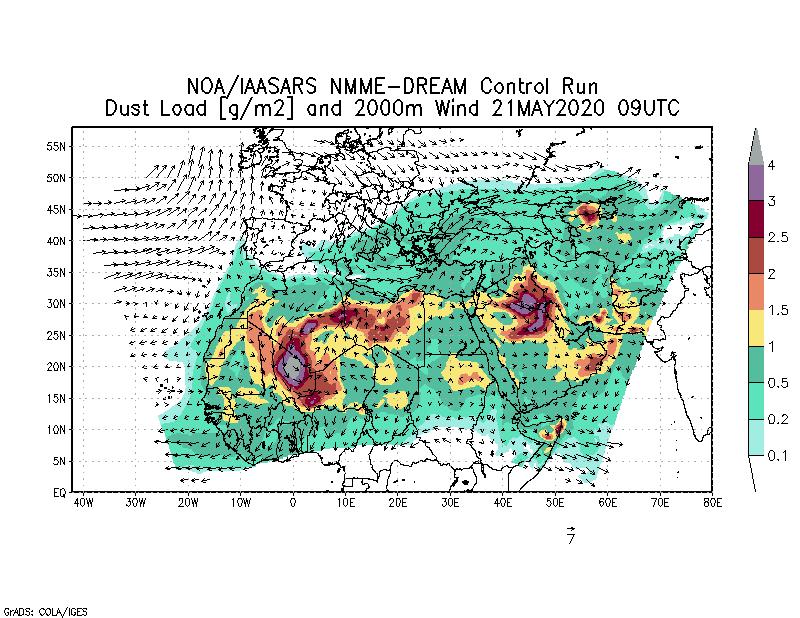 Dust load [g/m2] and 2000m Wind - 2020-05-21 09:00