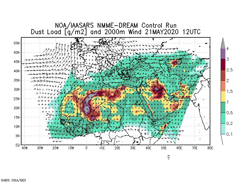 Dust load [g/m2] and 2000m Wind - 2020-05-21 12:00