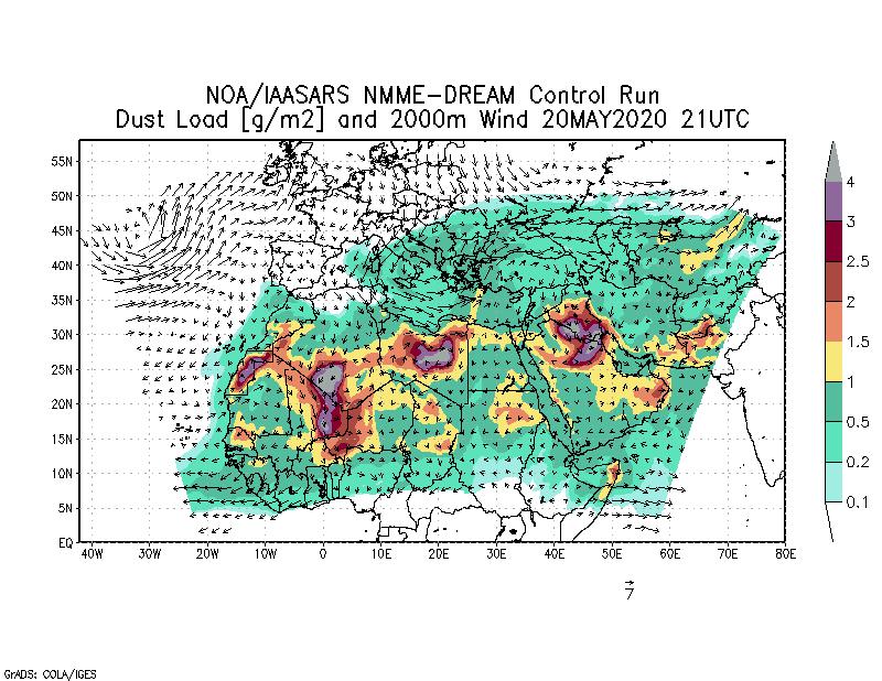 Dust load [g/m2] and 2000m Wind - 2020-05-20 21:00