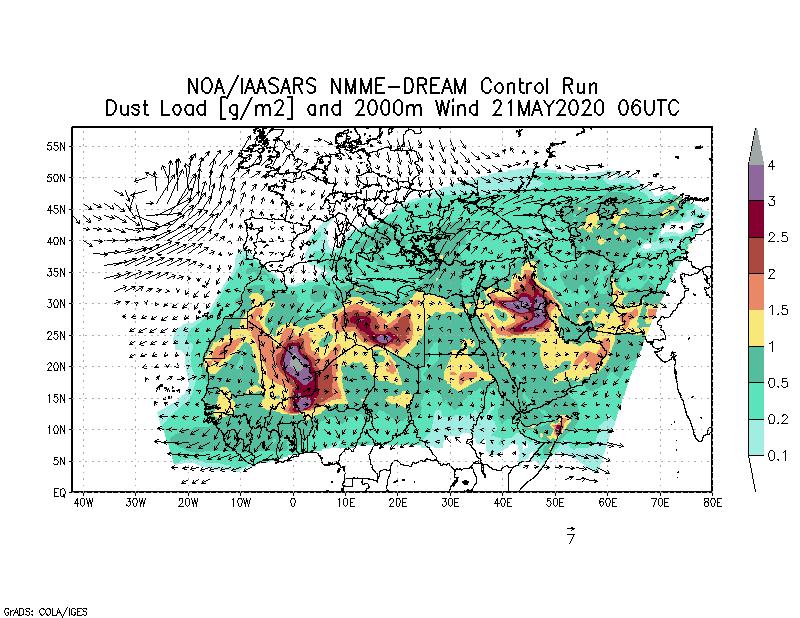 Dust load [g/m2] and 2000m Wind - 2020-05-21 06:00