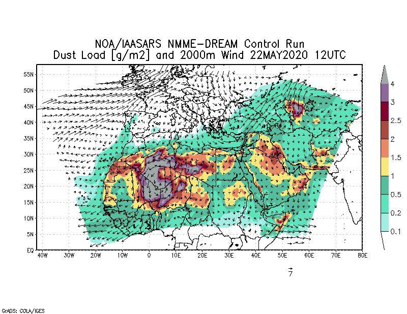 Dust load [g/m2] and 2000m Wind - 2020-05-22 12:00