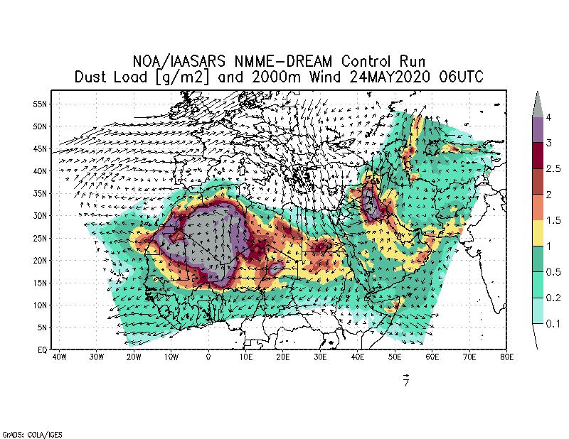 Dust load [g/m2] and 2000m Wind - 2020-05-24 06:00