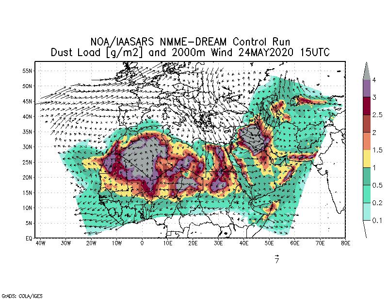 Dust load [g/m2] and 2000m Wind - 2020-05-24 15:00