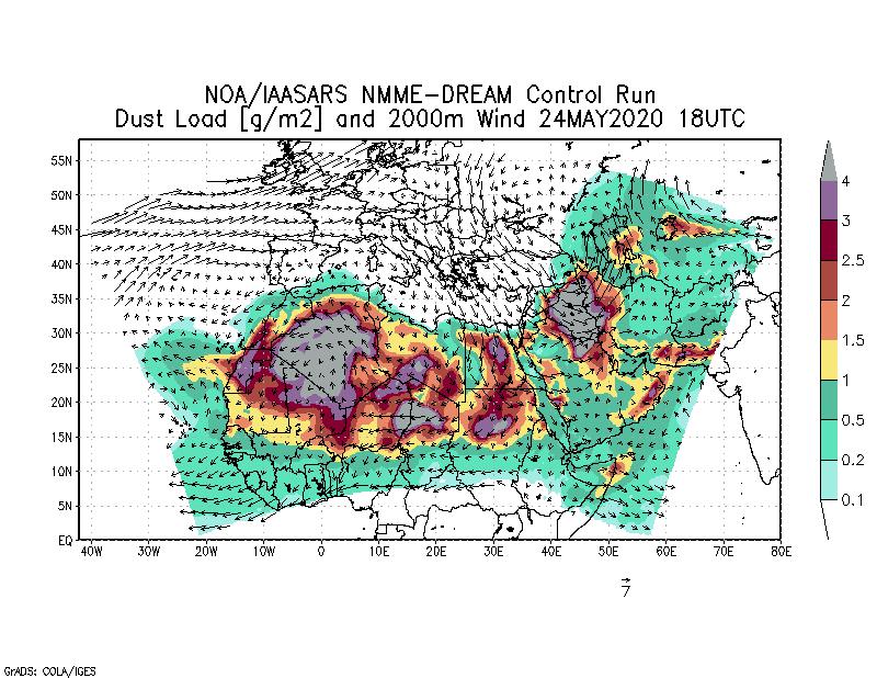 Dust load [g/m2] and 2000m Wind - 2020-05-24 18:00