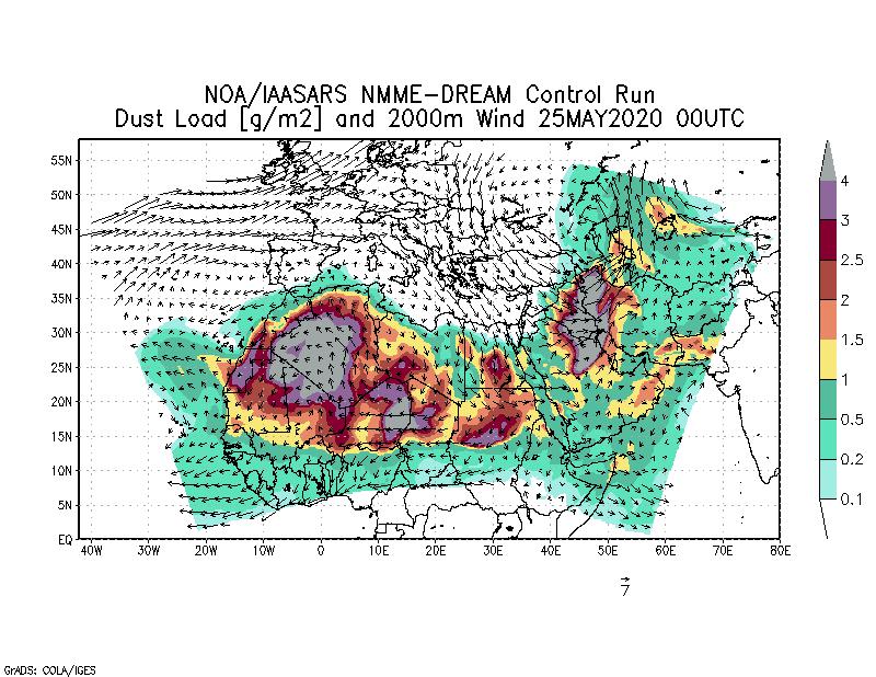 Dust load [g/m2] and 2000m Wind - 2020-05-25 00:00