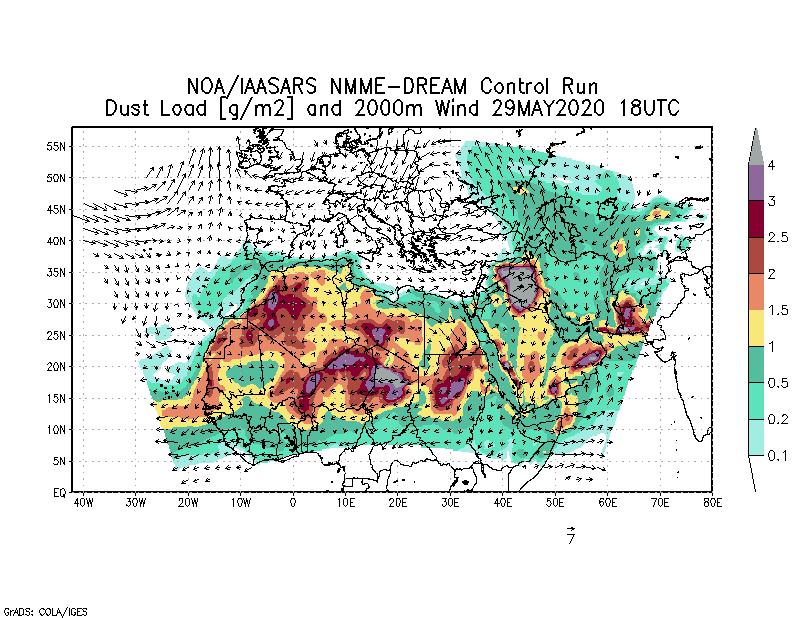 Dust load [g/m2] and 2000m Wind - 2020-05-29 18:00