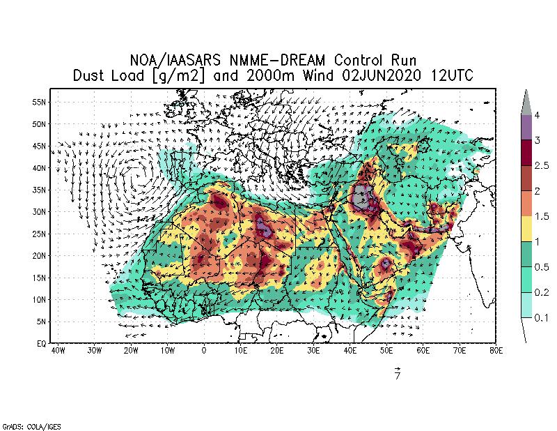 Dust load [g/m2] and 2000m Wind - 2020-06-02 12:00