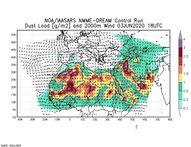 Dust load [g/m2] and 2000m Wind - 2020-06-03 18:00