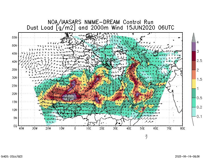 Dust load [g/m2] and 2000m Wind - 2020-06-15 06:00