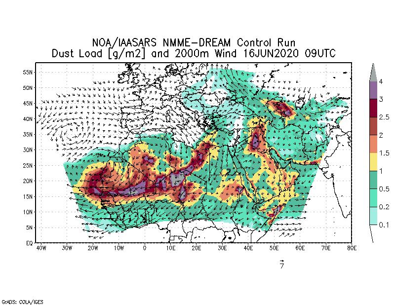 Dust load [g/m2] and 2000m Wind - 2020-06-16 09:00