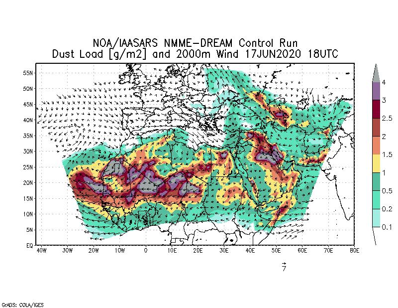 Dust load [g/m2] and 2000m Wind - 2020-06-17 18:00