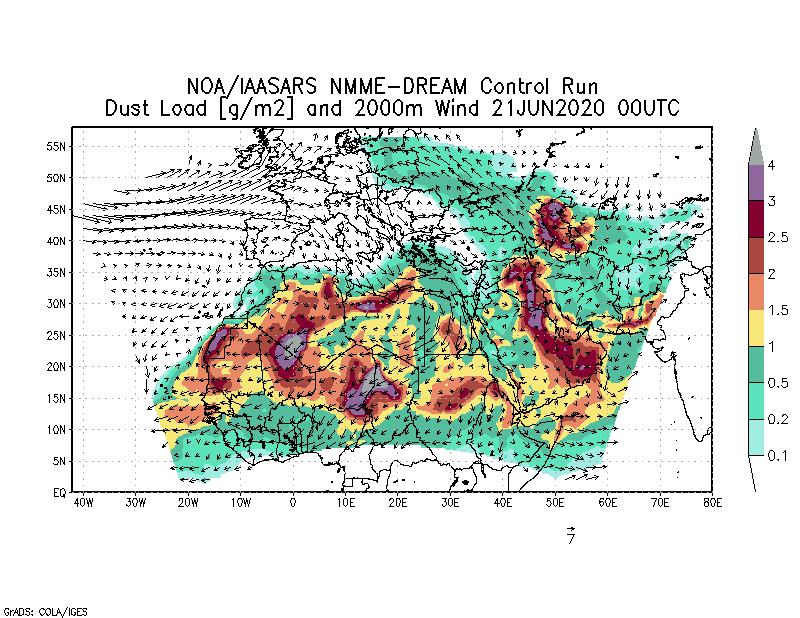 Dust load [g/m2] and 2000m Wind - 2020-06-21 00:00