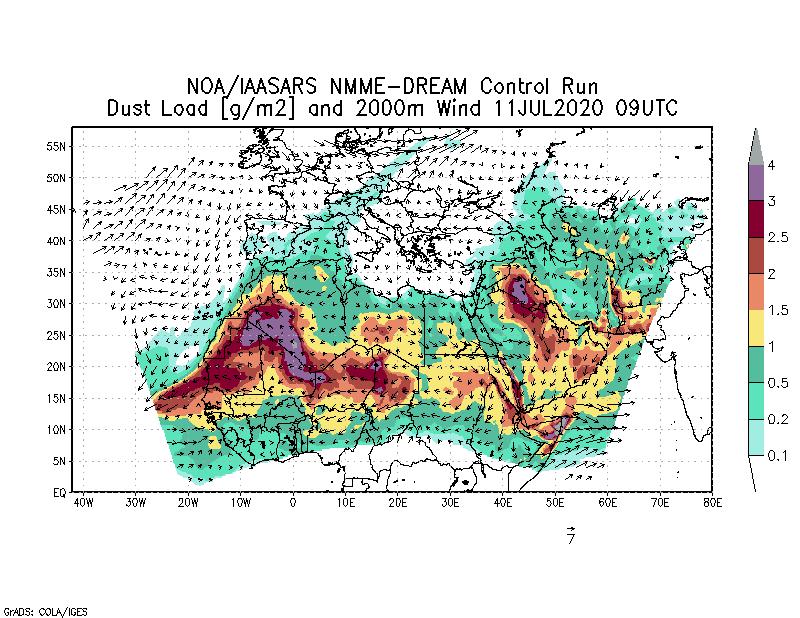 Dust load [g/m2] and 2000m Wind - 2020-07-11 09:00