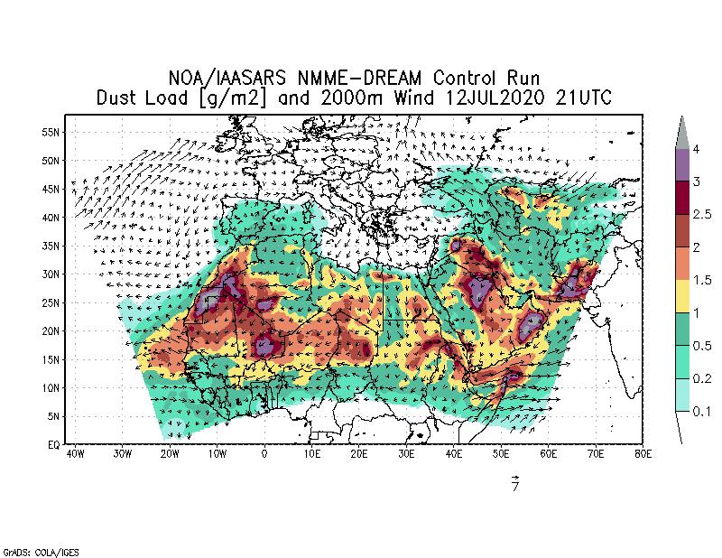 Dust load [g/m2] and 2000m Wind - 2020-07-12 21:00