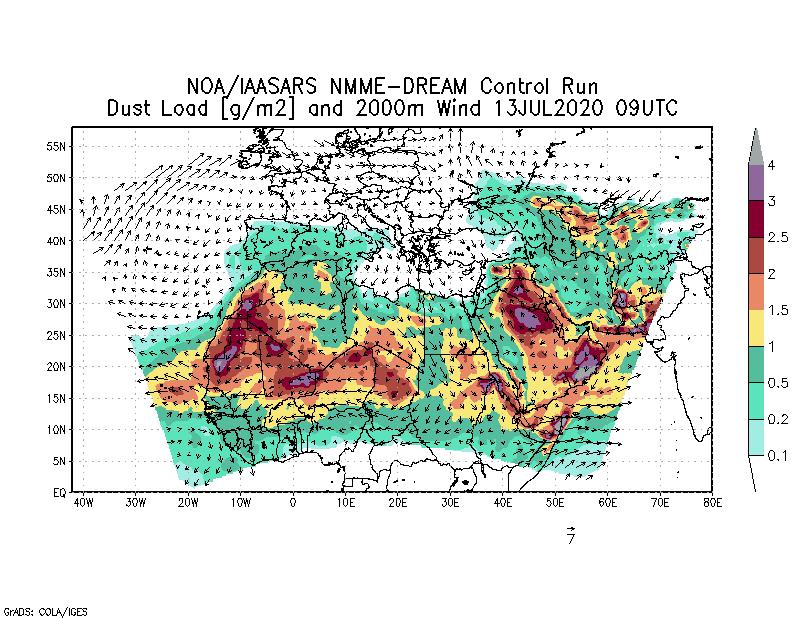 Dust load [g/m2] and 2000m Wind - 2020-07-13 09:00