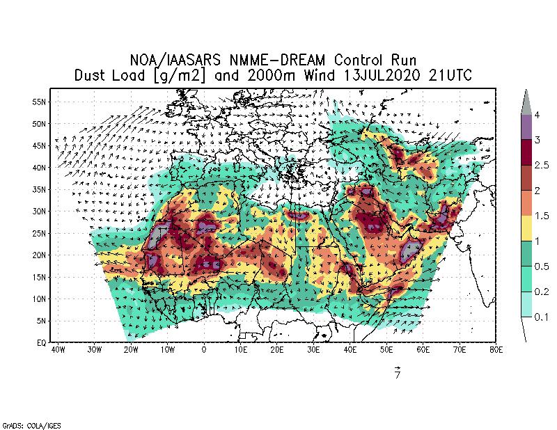 Dust load [g/m2] and 2000m Wind - 2020-07-13 21:00