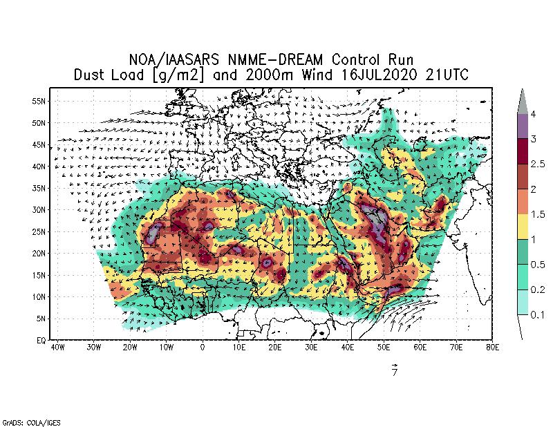 Dust load [g/m2] and 2000m Wind - 2020-07-16 21:00