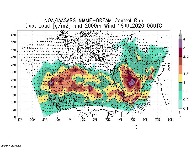 Dust load [g/m2] and 2000m Wind - 2020-07-18 06:00