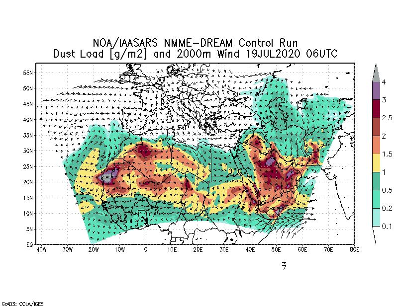 Dust load [g/m2] and 2000m Wind - 2020-07-19 06:00