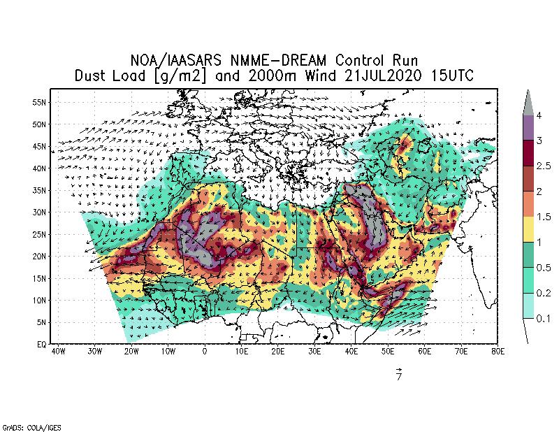 Dust load [g/m2] and 2000m Wind - 2020-07-21 15:00