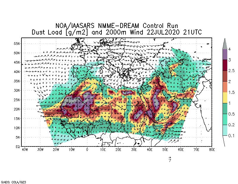 Dust load [g/m2] and 2000m Wind - 2020-07-22 21:00