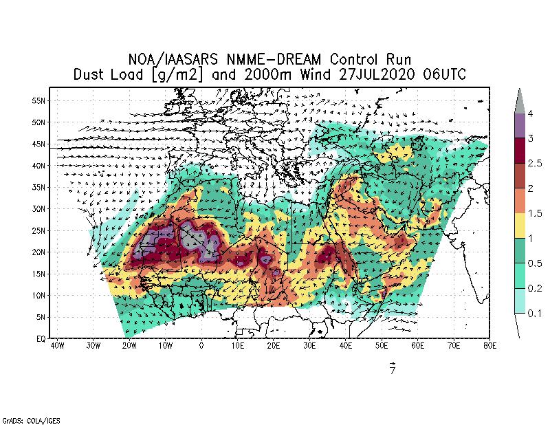 Dust load [g/m2] and 2000m Wind - 2020-07-27 06:00