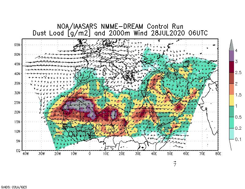 Dust load [g/m2] and 2000m Wind - 2020-07-28 06:00