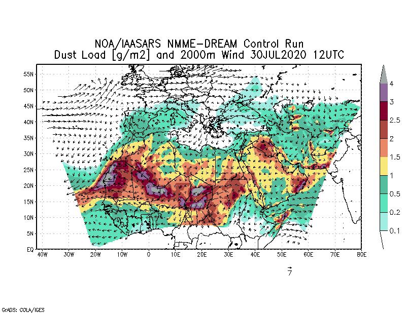 Dust load [g/m2] and 2000m Wind - 2020-07-30 12:00