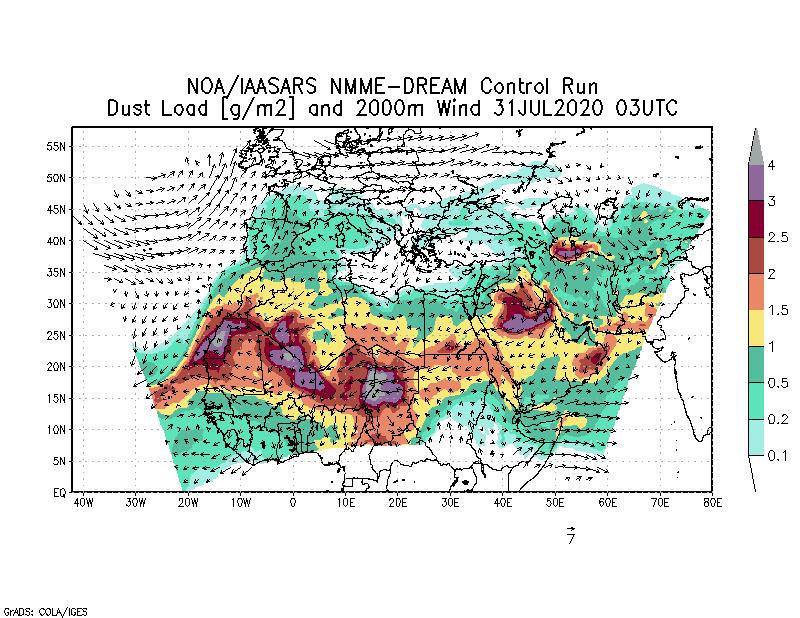 Dust load [g/m2] and 2000m Wind - 2020-07-31 03:00