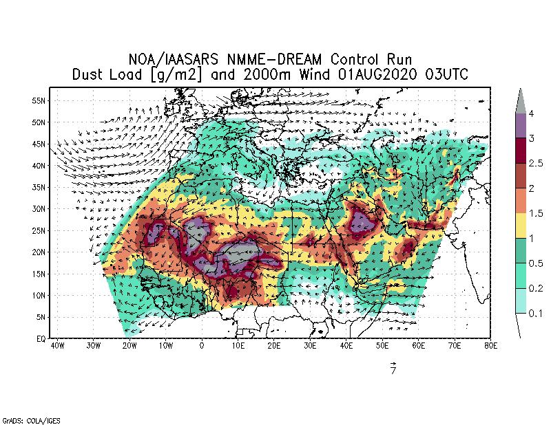 Dust load [g/m2] and 2000m Wind - 2020-08-01 03:00