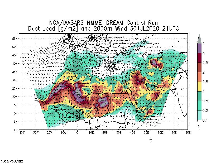 Dust load [g/m2] and 2000m Wind - 2020-07-30 21:00