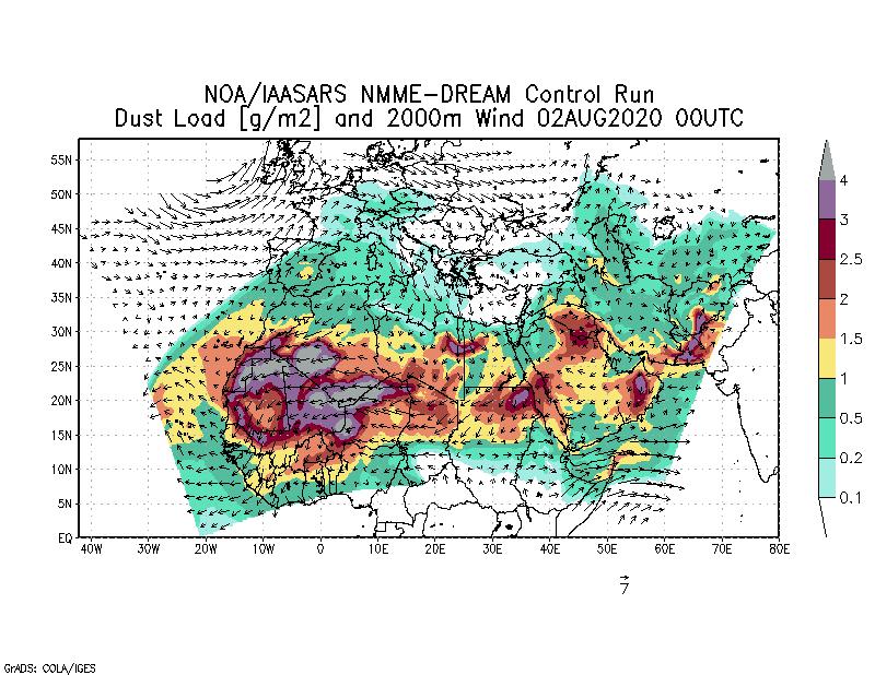 Dust load [g/m2] and 2000m Wind - 2020-08-02 00:00