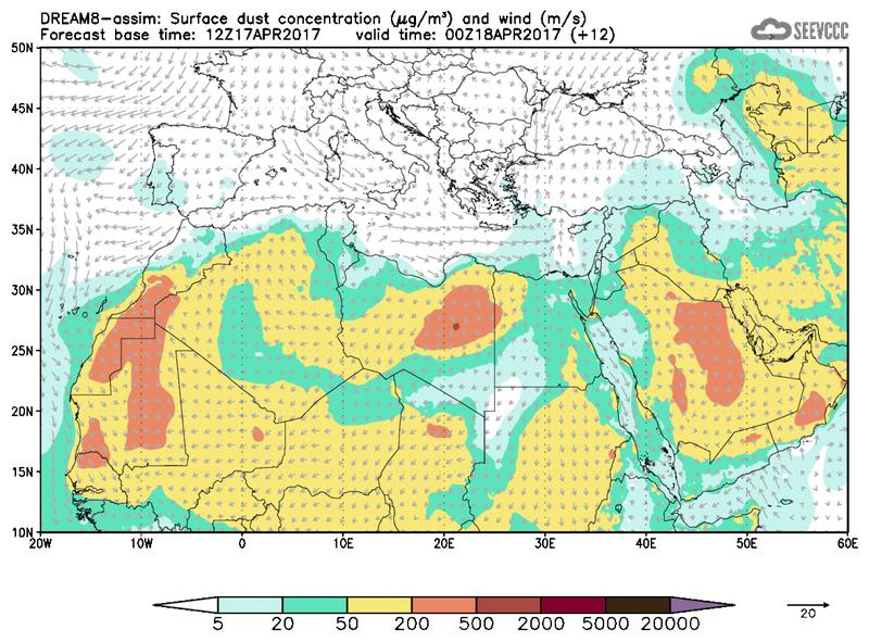 Surface dust concentration and wind at T00