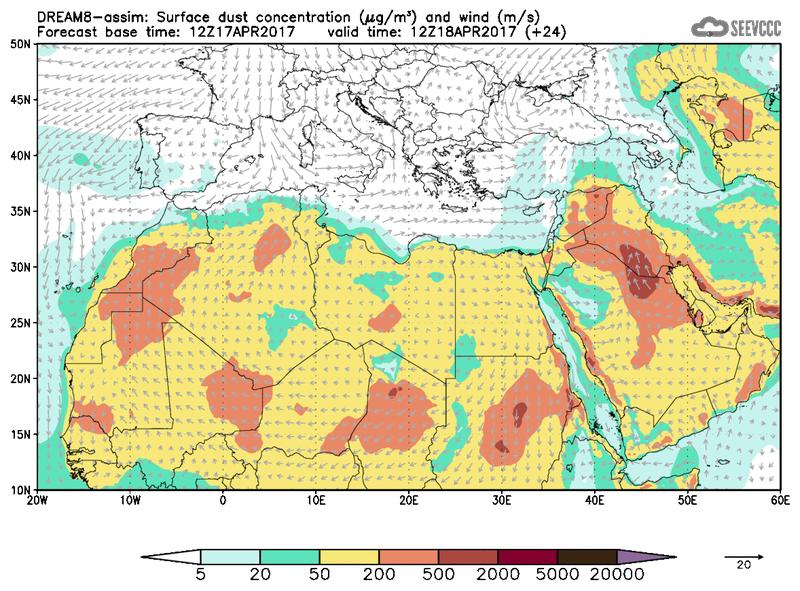 Surface dust concentration and wind at T12