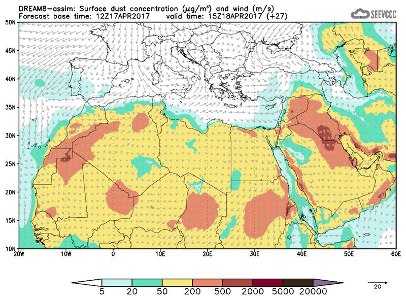 Surface dust concentration and wind at T15