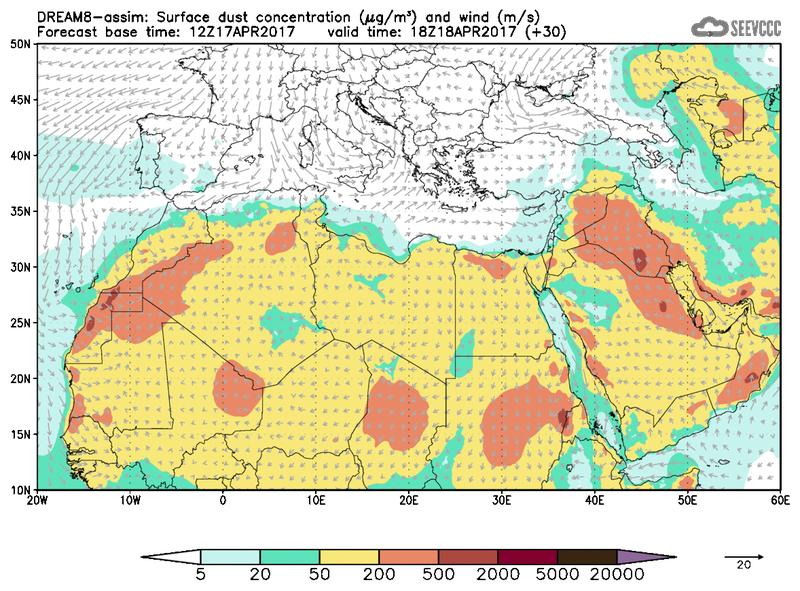 Surface dust concentration and wind at T18