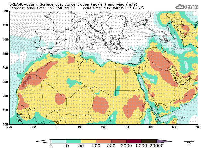 Surface dust concentration and wind at T21