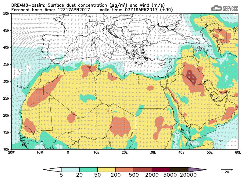 Surface dust concentration and wind at T27