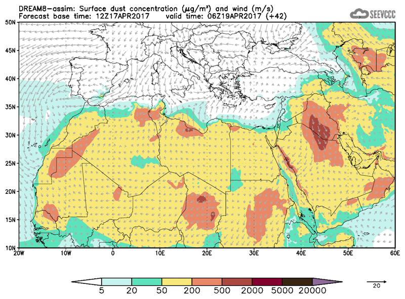 Surface dust concentration and wind at T30