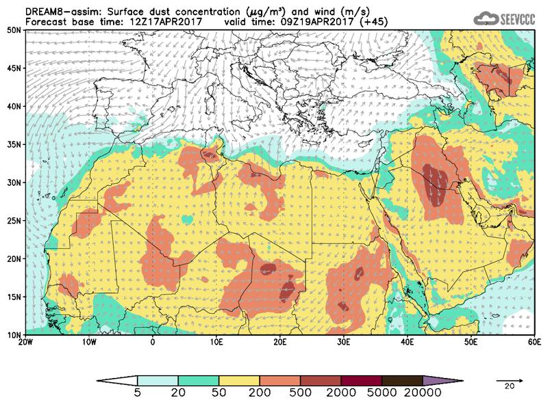 Surface dust concentration and wind at T33