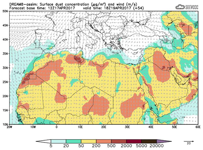 Surface dust concentration and wind at T42