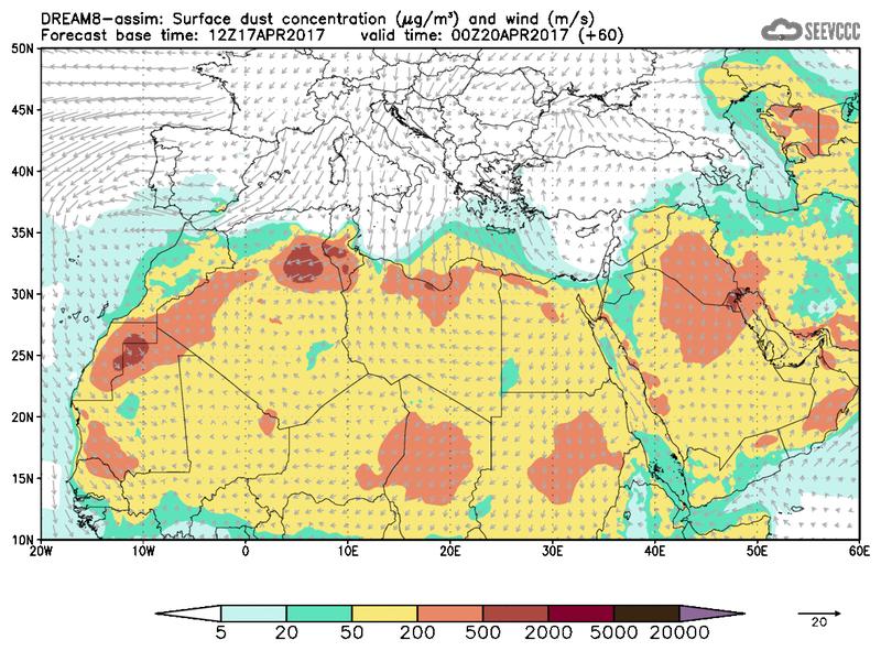 Surface dust concentration and wind at T48