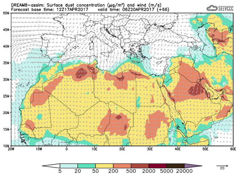 Surface dust concentration and wind at T54