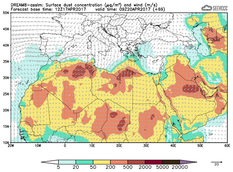 Surface dust concentration and wind at T57