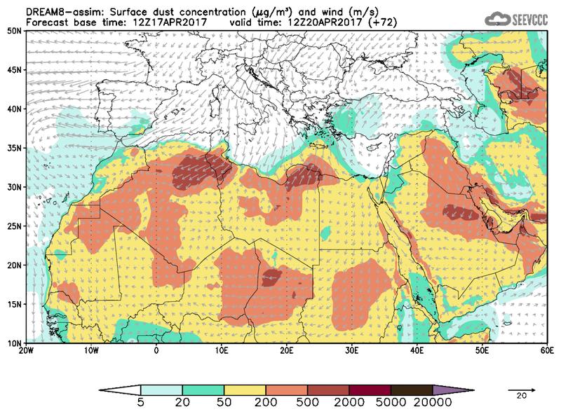 Surface dust concentration and wind at T60